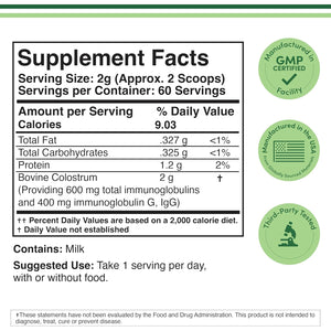 Double Wood Supplements Bovine Colostrum Powder for Women and Men, for Gut Health, Skin & Hair, Immune Support (120 Grams, 60 Day Supply - Standardized to 30% Total Immunoglobulins and 60% Protein)