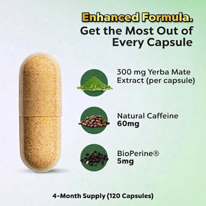 Extra Strength Yerba Mate High Potency, 60Mg Caffeine per Capsule, Extract Pills Supplements for Clean Natural Energy, Made in USA - 120 Caps