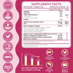 ZEBORA Multi Collagen Peptides Powder Packets with Hyaluronic Acid, Biotin, MCT - Hydrolyzed Collagen with 5 Billion Probiotics - Support Skin Hair Nail & Gut Health - 30 Stick Packs