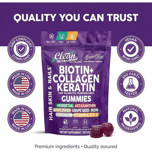 Growvana Hair Growth Gummies for Women Biotin Collagen Keratin Saw Palmetto Horsetail Astaxanthin Iron Zinc Pantothenic Acid Vitamin a D E Pumpkin Seed Ahiflower MSM Supplement by Clean Nutra 90 Count