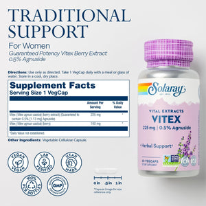 SOLARAY Vitex Berry Extract 225 Mg - Chasteberry Supplement for Women - Traditional Hormone Balance Support - Chaste Tree Berry - Vegan, Lab Verified - 60 Servings, 60 Vegcaps