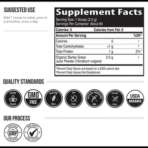 Organic Barley Grass Juice Powder - Grown in Volcanic Soil of Utah - Raw & Bioactive Form, Cold-Pressed Then CO2 Dried – Gluten Free, GMO Free, Vegan - Complements Wheatgrass Juice Powder - 5.3 Oz