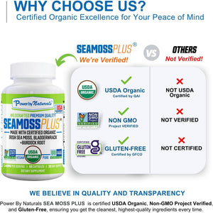 Power by Naturals Sea Moss plus – USDA Organic Irish Sea Moss Capsules with Bladderwrack & Burdock Root – Immune Support for Adults – Vegan, Non-Gmo, Gluten-Free – 60 Capsules (1-Month Supply)
