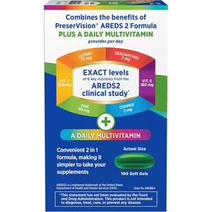 Preservision AREDS 2 + Multivitamin, #1 Eye Doctor Recommended Brand, 2-In-1 Eye Vitamin with Lutein, Zeaxanthin, Zinc, and Vitamin C, D & E, 100 Softgels