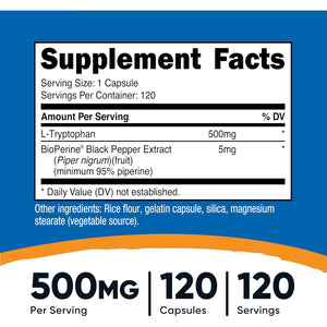 Nutricost L-Tryptophan 500Mg, 120 Capsules - with Bioperine, Gluten Free, Non-Gmo