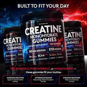 Creatine Monohydrate Gummies Complex 5000 MG for Men & Women, Preworkout Gummy with BCAA, L-Carnitine, Taurine & Vitamin B12 for Muscle Growth, Strength & Energy Support , Flavored and Chewable