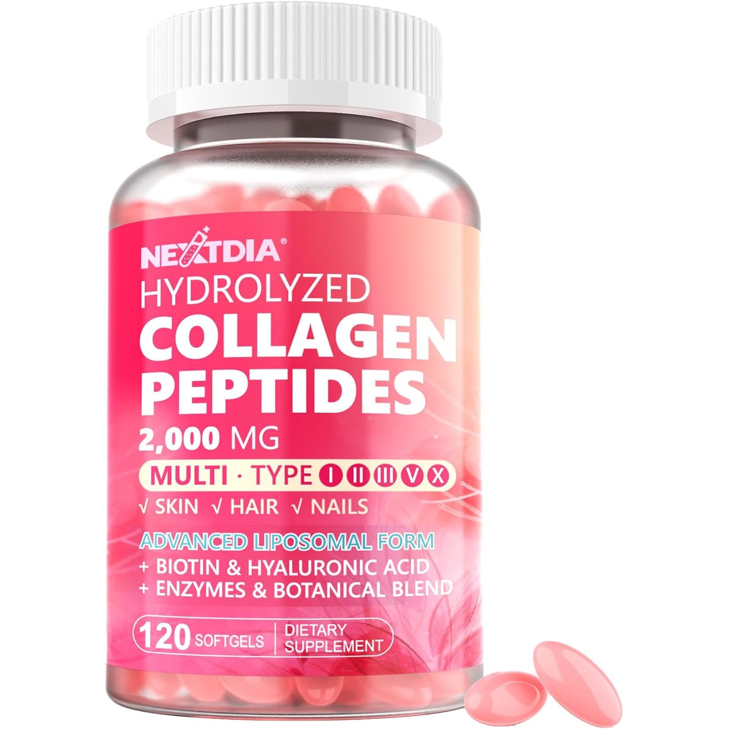 Hydrolyzed Collagen Peptides Pills for Women 2000Mg Liposomal Form Type I, II, III, V, X for Optimal Absorption, Multi Collagen Softgels, Collagen Supplements with Hair, Skin & Nails Vitamins 120 Cts