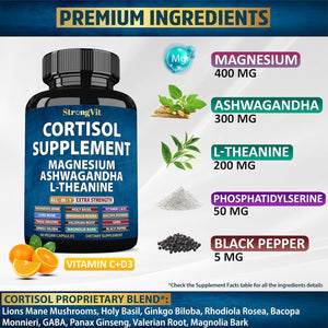 Strongvit Cortisol Supplements for Women and Men with Magnesium, Ashwagandha & L-Theanine. High Cortisol Reducer, Manager, Detox, Lower and Control. Sleep Support & Stress Relief, USA