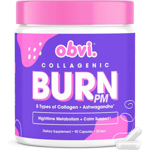 Obvi Collagenic Burn PM | Nighttime Collagen Peptides for Sleep & Recovery | 5 Types Collagen + Ashwagandha, GABA & Melatonin | Capsiburn Metabolic Support | 90 Capsules | Made in USA