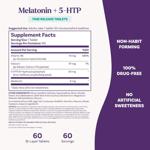 Natrol Melatonin + 5-HTP Time Release Sleep Aid, Triple Action Formula, Calm the Mind, Fall Asleep Faster and Stay Asleep Longer, 60 Bi-Layer Tablets, up to a 60 Day Supply