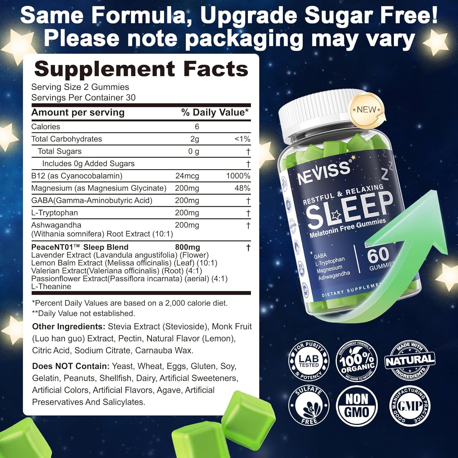 NEVISS Melatonin Free Sleep Aid Gummies for Adults - Magnesium Glycinate Gummies | GABA, L-Tryptophan, Magnesium, Ashwagandha - Non-Habit Forming, Help for Deep Relaxation - Vegan, Lemon Flavor, 2Pack