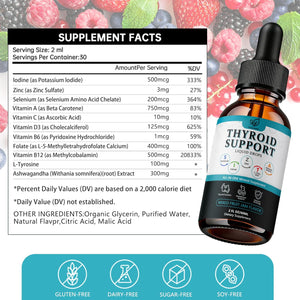 Thyroid Support for Women & Men Liquid Drops.Thyroid Supplement Drops with Selenium Zinc Iodine L-Tyrosine Ashwagandha for Energy & Metabolism Support, Hormone Balance,Vegan,Additives Free - 2 Fl. Oz