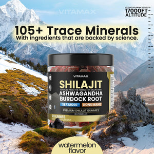 Pure Shilajit Gummies, Sea Moss, Ashwagandha, 105+ Trace Minerals – Organic Burdock Root & Lions Mane Mushroom – Watermelon Flavor - Vegan & Non-Gmo – Made in USA – 60Ct
