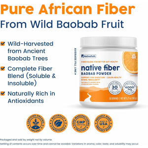 Nativepath Organic Baobab Prebiotic Fiber Powder - Digestive Health Supplement - Natural Orange Flavor, 30 Servings