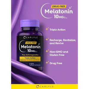 Carlyle Melatonin 10Mg | 120 Capsules | with Ashwagandha | Triple Strength Formula | Non-Gmo, Gluten Free Supplement
