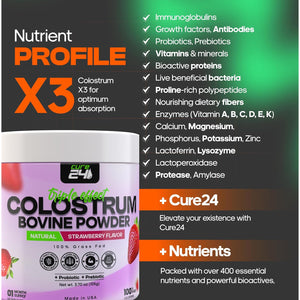 Bovine Colostrum X3 Supplement Powder for Humans, 100% Pure Whole Natural Grass Fed Superfood, High Igg, plus Probiotic & Prebiotic, Unflavored, Made in USA (Strawberry)