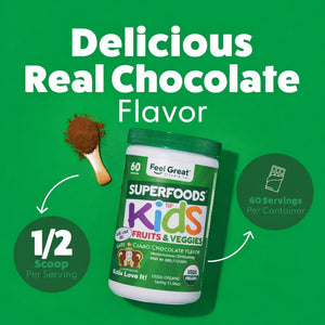 Feel Great USDA Organic Super Greens Powder for Kids - Cocao Chocolate | Fruit & Veggie Supplement | Superfood Powder with Probiotics & Digestive Enzymes for Digestive Health | 60 Days Supply