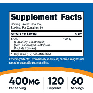 Nutricost Sam-E (S-Adenosyl-L-Methionine) 400Mg per Serving, 60 Servings, 200Mg per Capsule, 120 Capsules - Non-Gmo, Gluten Free Same, Vegetarian