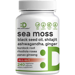 DEAL SUPPLEMENT Irish Sea Moss 240 Veggie Capsules – 14 Superfood Complex with Black Seed Oil, Ashwagandha, & Ginger