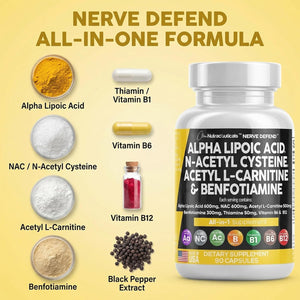Alpha Lipoic Acid 600Mg N-Acetyl Cysteine 600Mg Acetyl L-Carnitine 500Mg Benfotiamine 300Mg - Nerve Support Supplement for Women and Men with Vitamin B1 B6 & B12 - Made in USA 90 Caps