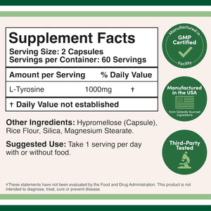 L-Tyrosine 1,000Mg per Serving, 120 Veggie Capsules (L Tyrosine Supplement for Memory, Attention, and Focus) Amino Acid, Vegan Safe, Non-Gmo by Double Wood