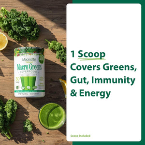 Macrolife Naturals Macro Greens Superfood Powder – 38 Superfoods with Probiotics, Digestive Enzymes & Adaptogens | Non GMO, Vegan, Gluten Free | 18B CFU | 10 Oz (30 Servings)