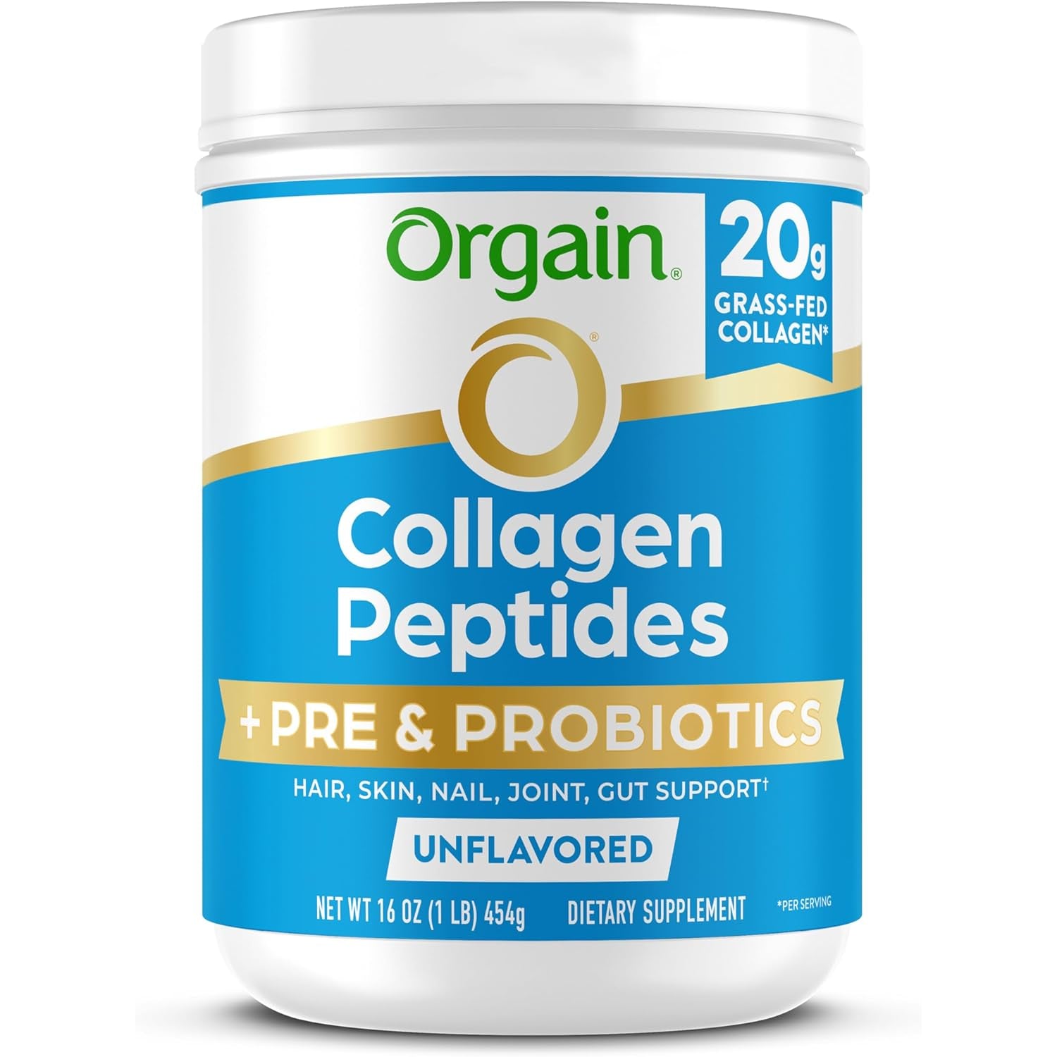 Orgain Hydrolyzed Collagen Peptides + Prebiotic & Probiotics Powder for Women & Men, 20G Grass Fed Collagen, 1 Billion CFU - Supports Digestive, Hair, Skin & Joint Health, Non-Gmo, Type I & III, 1Lb