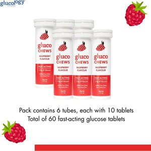 Fast Acting Glucose Tablets, Glucochews Raspberry, 60 Count (10 Tablets per Tube, 6 Pocket-Sized Tubes), Boosts Energy, Supports Blood Sugar, Gluten-Free, Caffeine-Free, Colouring-Free