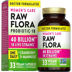 Raw Flora Women'S Probiotics | Dr. Formulated 40 Billion CFU + Prebiotics | Digestive, Vaginal & Urinary Support | 33 Vegan Capsules with Cranberry & D-Mannose | Shelf Stable