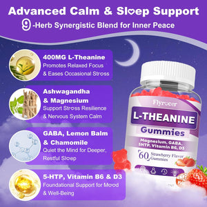 Sugar Free L-Theanine Gummies, L Theanine Supplement for Adults & Kids, L'Theanine with Ashwagandha, Magnesium, 5HTP & GABA - Support Calm, Relax, Zzz, Focus, Vegan Strawberry Flavor, 60 Count