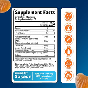 6-In-1 Stress Relief Gummies 60Ct - Aids Relaxation with Ashwagandha, GABA, L-Theanine, Lemon Balm, Chamomile, Black Cumin Seed Nigella Sativa. Improved Deep Sleep, Joint Support - 60 Gummies