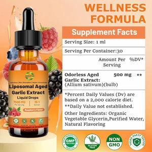 Aged Garlic Extract Liquid Drop – 500 Mg per Serving, 15:1 Extract, Odorless, Liposomal Technology for Fast Absorption – Heart & Immune Support Supplement for Men & Women, Raspberry Flavor