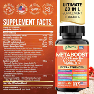 GLP-1 Booster Supplement, Akkermansia, L-Carnitine, Berberine (Glucovantage), Methylfolate, Methylated B12, Chromium, Capsimax, Psyllium Husk, Probiotics Vitamins D3, B6, 20-In-1 Plant-Based (60 Caps)