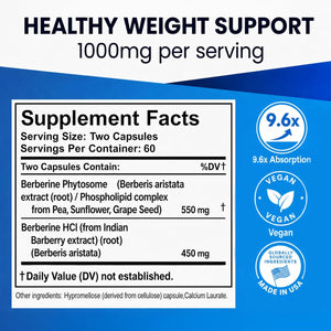 Ultimate Berberine Phytosome for Optimal Metabolic Health after 40, 9.6X Absorption Dual Action Formula for Appetite & Gut Health, Immunity & Cholesterol Support, Clinical Dose & Third Party Tested