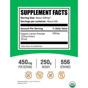 Bulksupplements.Com Organic Lemon Powder - Natural Vitamin C Source, Fruit Powder, Lemon Flavoring - Gluten Free, 450Mg per Serving, 250G (8.8 Oz) (Pack of 1)