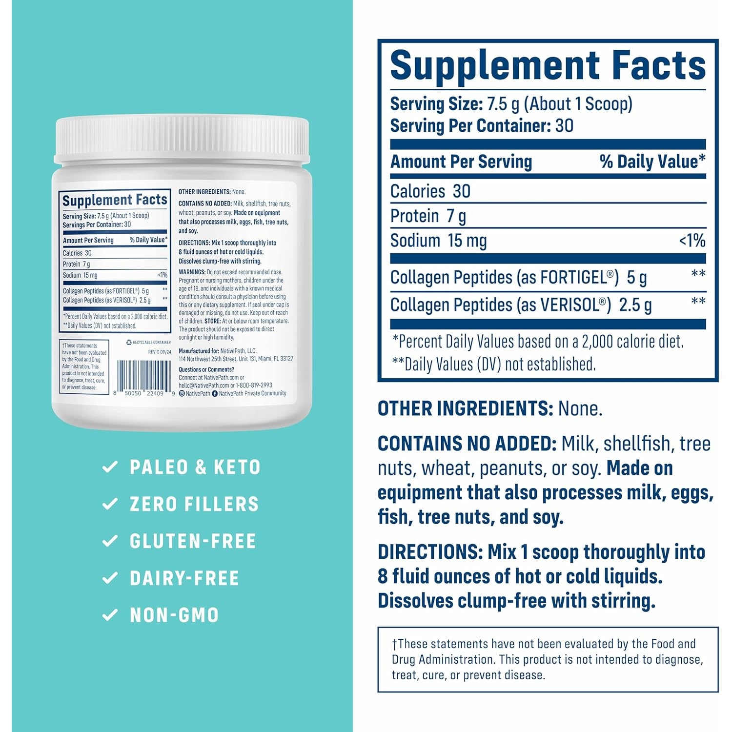 Nativepath Joint Health Advanced Formula, Type 1 & 3 Peptides with Fortigel & Verisol, Grass-Fed Unflavored Collagen for Women & Men, 30 Servings