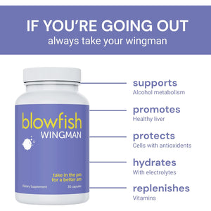 Blowfish Wingman | Supplement with DHM + L-Cysteine + Electrolytes | Feel Better after Drinking | Pre-Alcohol Liver Support & Hydration