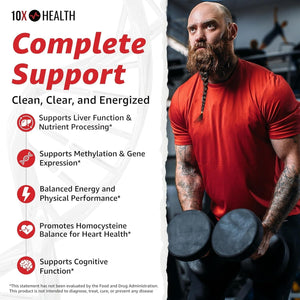 10X Health TMG Supplements - Trimethylglycine Supplement for Liver Support, Heart Wellness, Energy, Homocysteine Levels - TMG Capsules with Betaine Anhydrous - Non-Gmo & Gluten-Free - 60 Capsules