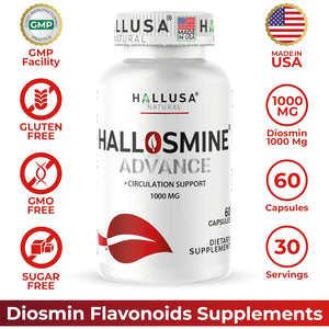 Hallosmine Advance 1000Mg Diosmin Capsules – Max Strength Circulation & Vein Support Supplement, Vascular Health, Visible Veins, Spider Veins, Blood Flow, Swelling & Heavy Legs, 60 Count