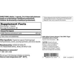 Klaire Labs SFI Health GABA - 420 Milligrams Gamma-Aminobutyric Acid, Neurotransmitter to Support Calm & Mood (60 Capsules)