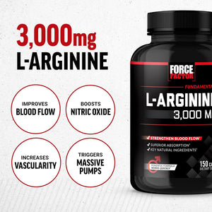 Force Factor L-Arginine Nitric Oxide Supplement with Bioperine to Help Build Muscle and Support Stronger Blood Flow, Circulation, Nutrient Delivery, and Pumps, L-Arginine 3000Mg, 3G, 150 Capsules