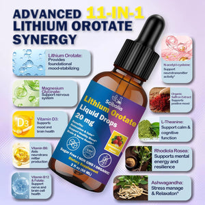 Lithium Orotate Liquid Drops 20Mg, Potency 11-In-1 Lithium Supplement W. NAC Magnesium Ashwagandha Theanine Vitamin D3 B6 B12 for Memory Brain Mood Cognitive Support, Non-Gmo Gluten Free