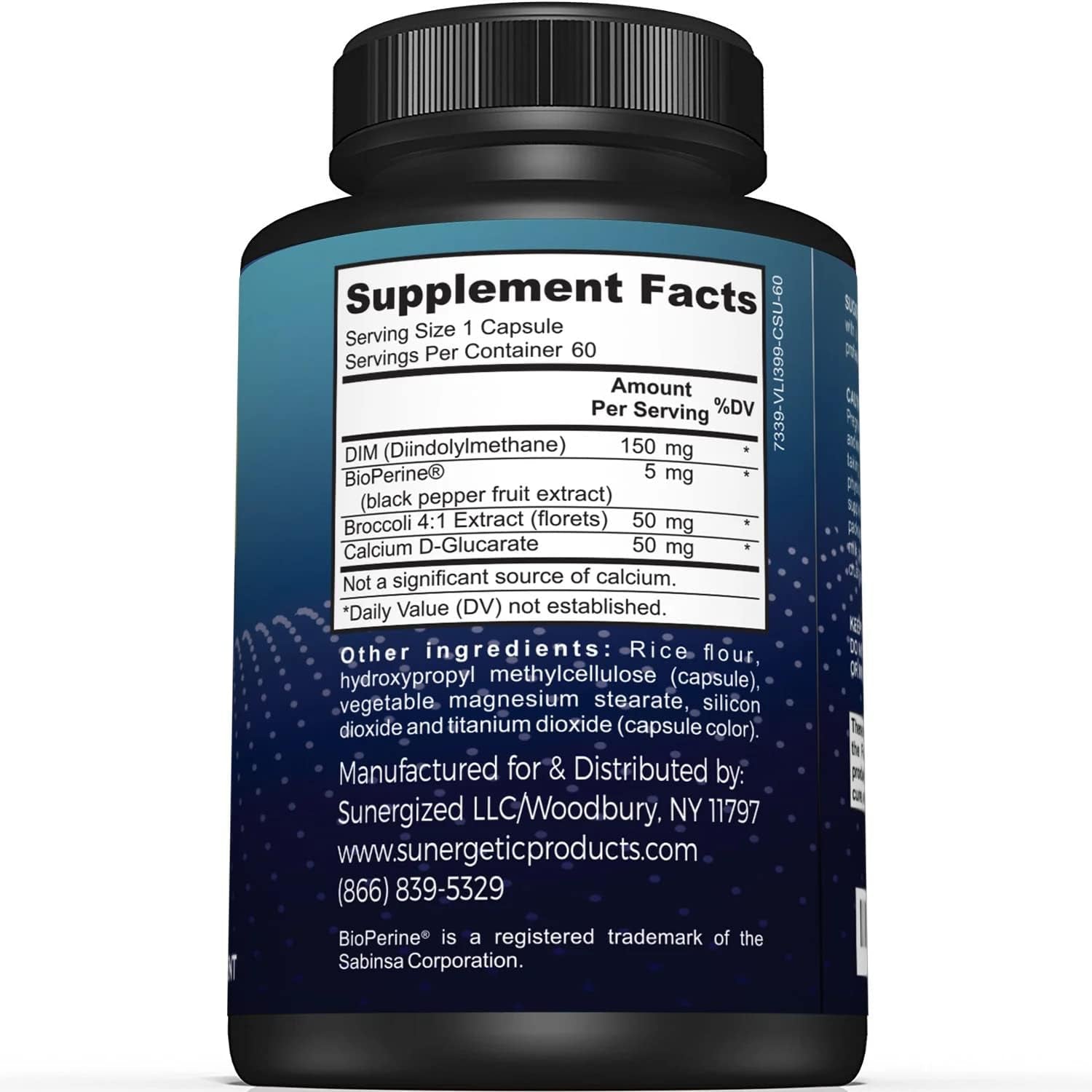 Sunergetic Premium DIM Supplement – 150Mg Diindolylmethane, Broccoli, Calcium D-Glucarate & Bioperine for Men & Women – DIM Complex for Menopause Support & Balance - 60 Capsules
