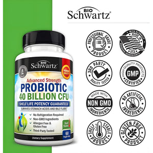 Bioschwartz Daily Probiotic Nutritional Supplement - 40 Billion CFU for Gut Health - Probiotics for Men and Women - Digestive Health with Astragalus & Lactobacillus - Shelf Stable - 60 Count