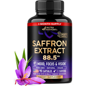 Natural Saffron Supplements - Pure Saffron Extract 88.5 Mg - Mood | Focus | Vision | Energy Support - Eye Health for Women & Men - Lab Tested - Nongmo Vegan Pills - 90 Powder Capsules, 3 Month Supply