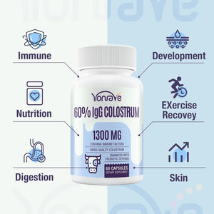 Yonrave Bovine Colostrum Capsules Supplement 1300Mg - Extra High 60% Igg Bovine Colostrum - Gut, Bone, Exercise, Immune - 60 Capsules