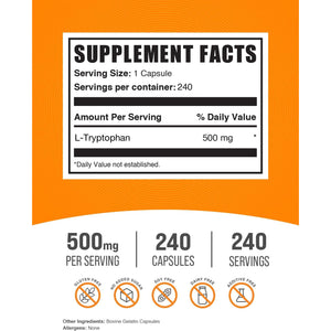 Bulksupplements.Com L-Tryptophan Capsules - Tryptophan Supplement, L-Trptophan 500Mg - Amino Acid Supplement, Gluten Free - 1 Capsule per Serving, 240 Capsules (Pack of 1)