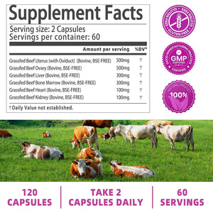 Beef Organ Supplement for Women - Grass Fed Beef Liver Organs with Heart, Uterus, Ovaries, Kidney, Bone Marrow, Supports Female Energy and Health, Pasture Raised, No Fillers, 60 Servings, 120 Capsules