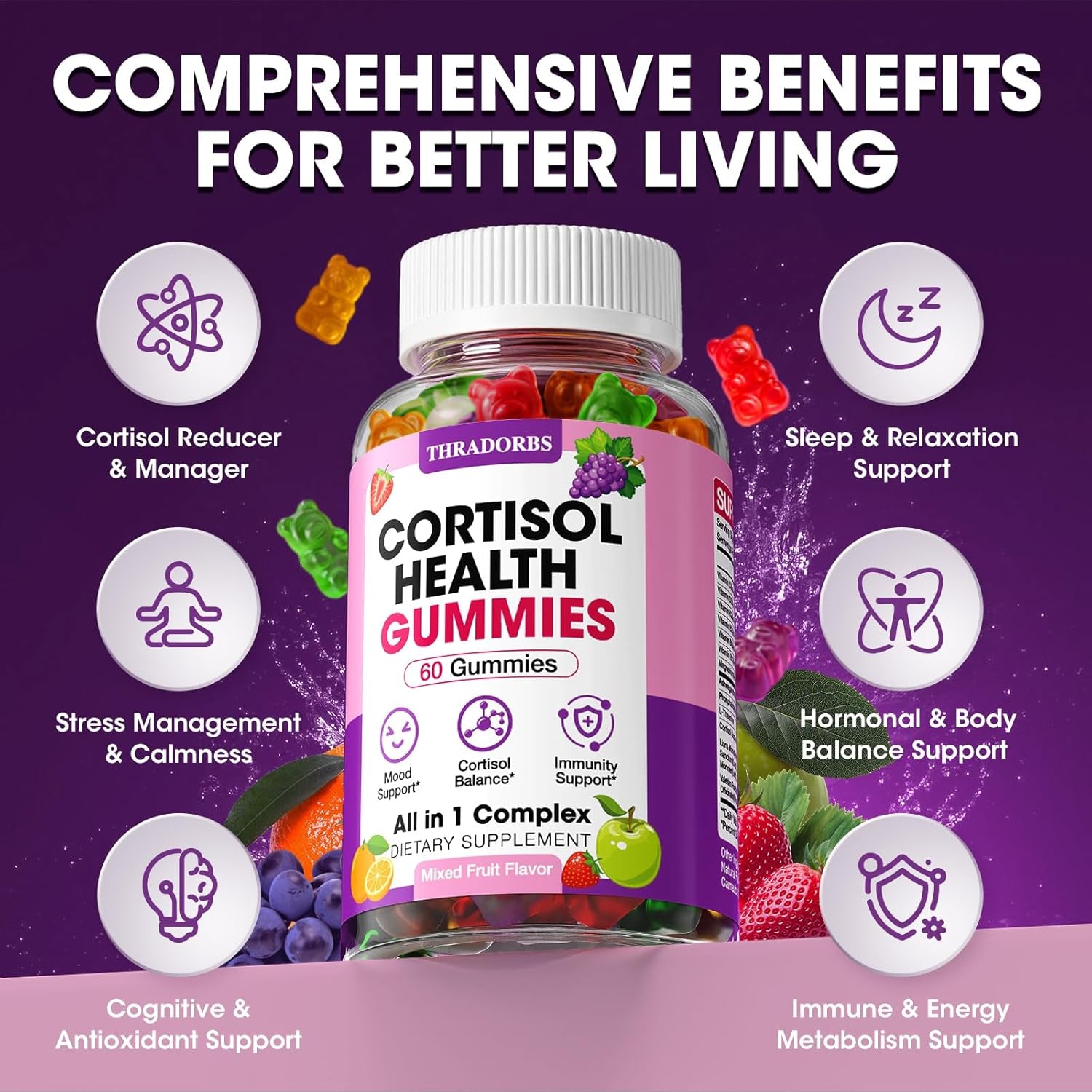 Cortisol Supplements for Women & Men, Cortisol Reducer Gummies with Magnesium Ashwagandha & L-Theanine, Cortisol Manager for Sleep Support & Stress Relief, Mood Balance, Cortisol Detox, 60 Count