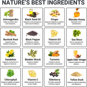 Sea Moss Gummies 16-In-1 - Ashwagandha Black Seed Oil Bladder Wrack Turmeric Vitamin C & D3 with Manuka Burdock Root Dandelion Yellow Dock Natural Detox & Liver Health Immune Support, Energy Boost